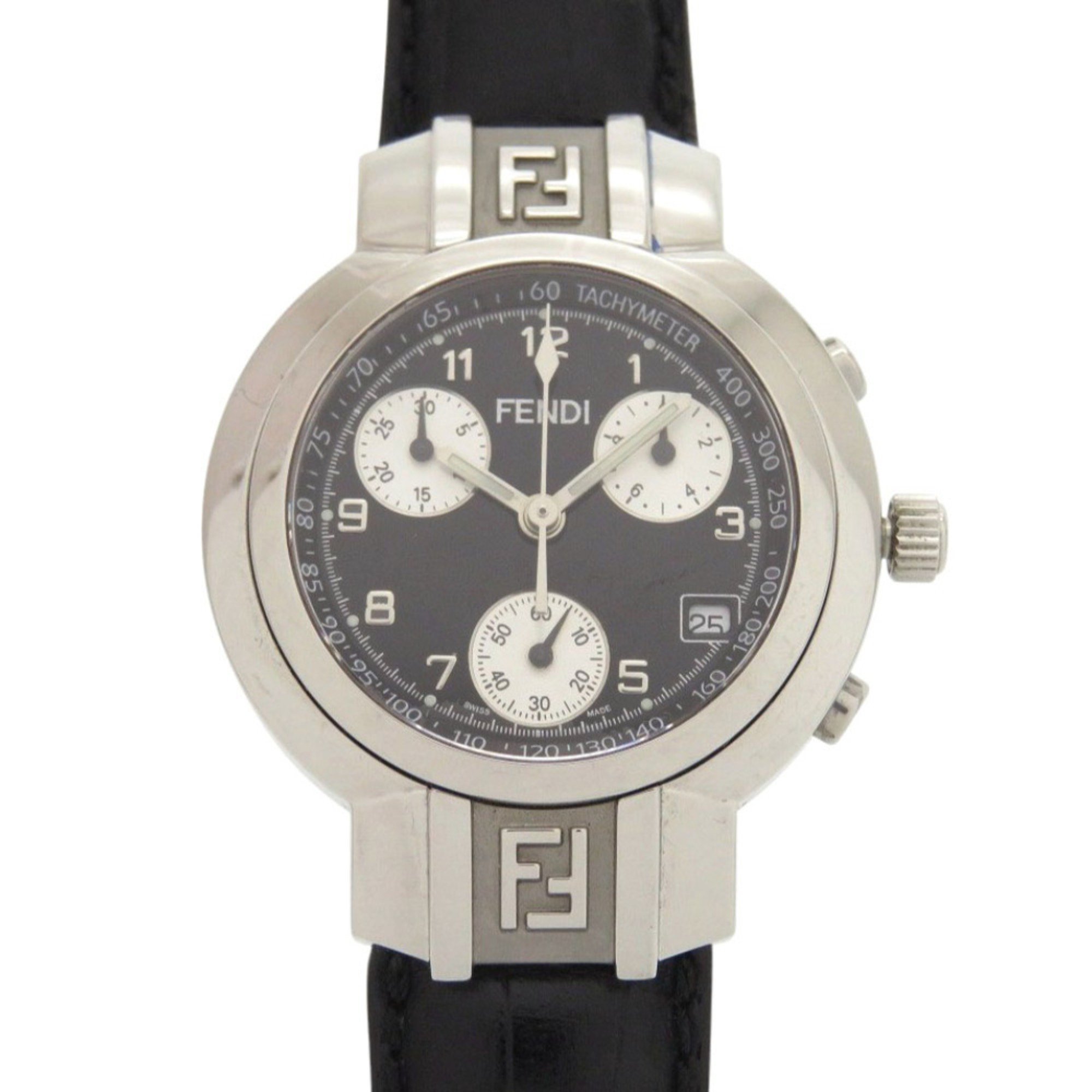 Fendi 4500l Horology Chronograph Stainless Steel Leather Black Quartz Watch W...